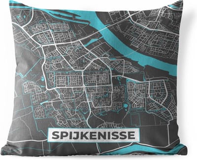 Buitenkussen Weerbestendig - Plattegrond - Spijkenisse - Grijs - Blauw - 50x50 cm - Stadskaart