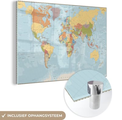 ® Glasschilderij 180x120 cm - Schilderij acrylglas - Wereldkaart - Kleuren - Atlas - Foto op glas - Muurdecoratie woonkamer - Wanddecoratie slaapkamer - Schilderijen
