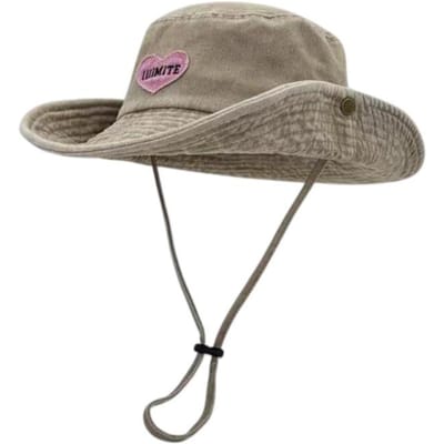 Chapeau de Soleil Pliable d'Été pour Dames Broderie Cœur Avec Cordon Chapeau Bob Protection UV Coupe-Vent Chapeau de Cowboy Occidental gray