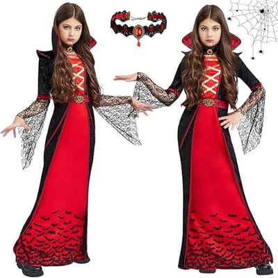 Vampierjurk voor Meisjes - Rood Zwart Halloween Kostuum voor Cosplay en Themafeesten met Vrienden