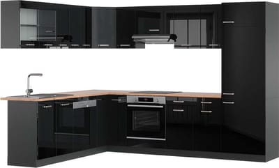 Vicco Hoekkeuken R-Line, Zwart hoogglans/Antraciet, 287 x 227 cm, WB Eik