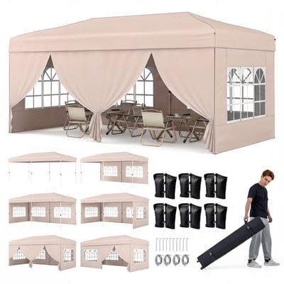 COSTWAY-partytent 3x6 m, pop-up vouwtent met metalen frame, 6 zijwanden, 6 zandzakken, windlijnen en grondpennen, partytent met draagtas op wieltjes voor op het strand, bruiloften en kamperen (beige)