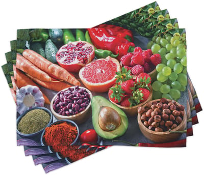 ABAKUHAUS fruit- en groente-placemats, Close-upfoto van het artikel, Tafeldecoratie van kleurvaste stoffen voor eetkamer en keuken, veelkleurig