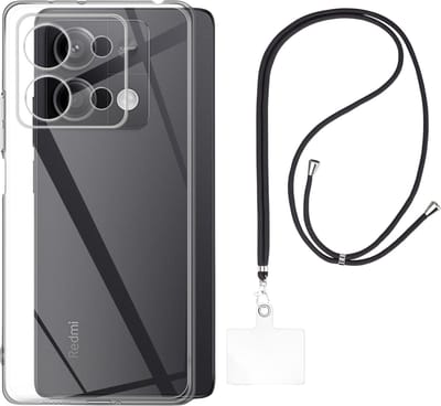 Set met hoesje en nekband voor xiaomi redmi note 13 5g - Flexibele, transparante TPU-bescherming, verstelbare universele nekband voor mobiele telefoons, zwarte nekband, transparante draagriem van Phonillico®