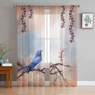 Blauwe Vogel Op Een Bloeiende Tak Chiffon Transparante Gordijnen Voor Woonkamer Slaapkamer Decoratie Raam Tule Gordijnen Draperieën 135W x 114H(cm) gray