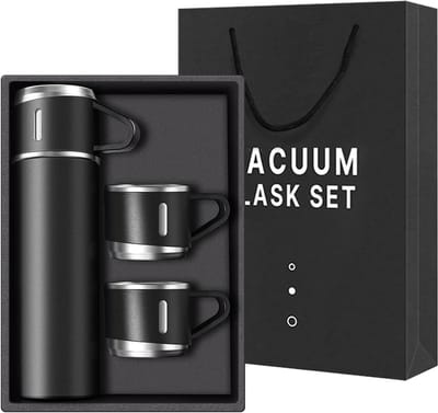 Thermo Roestvrijstalen thermosfles, 500 ml, vacuüm-geïsoleerde fles met beker voor koffie, warme en koude drank, set met 3 bekers (zwart)