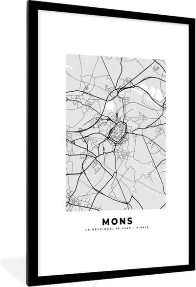 Fotolijst incl. Poster Zwart Wit- België – Mons – Stadskaart – Kaart – Zwart Wit – Plattegrond - 80x120 cm - Posterlijst