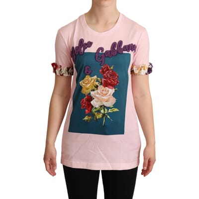 Dolce & Gabbana Dames Roze Katoenen Bloemen Rozen Crewneck T-shirt