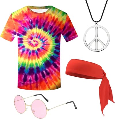 Hippie Kostuum voor Mannen met T-Shirt, Bril en Ketting voor Themafeesten en Carnaval - 4 Delige Set in Multi-Kleur