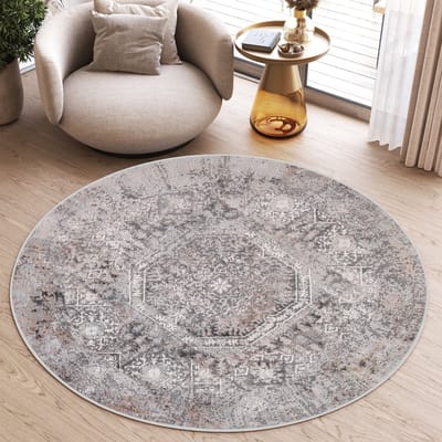 Tapiso Valley Rond Vloerkleed Lichtgrijs Vintage Laagpolig Tapijt Maat- 240x240