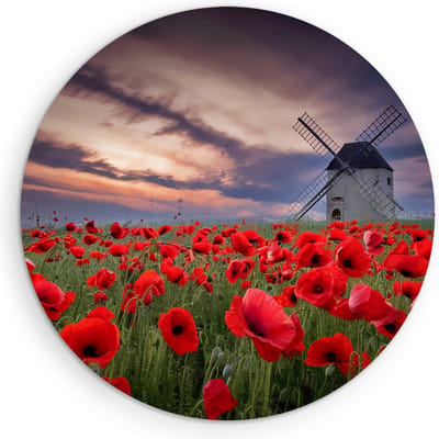 Saammp Muurcirkel Hout - Klaprozen met molen - Bloemen - Landschap - Natuur - Ø 90 - Wandcirkel - Wanddecoratie Cirkel - Muurdecoratie Woonkamer - Slaapkamer decoratie - Rond Schilderij