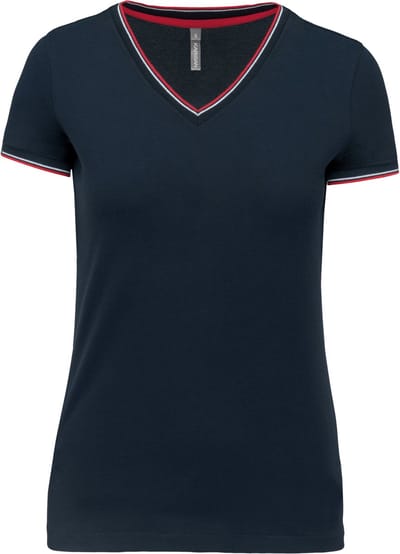 Kariban Dames-t-shirt piqué V-hals K394 - Navy / Red / White - XXL