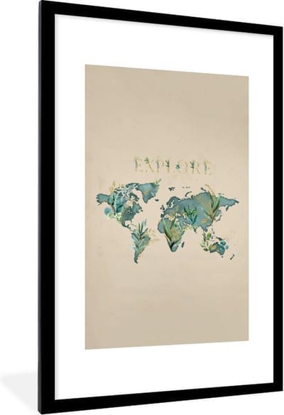 Poster in lijst - Fotolijst 60x90 cm - Posters - Wereldkaart - Turquoise - Planten - Posterlijst zwart - Decoratie - Wanddecoratie woonkamer - Muurdecoratie slaapkamer