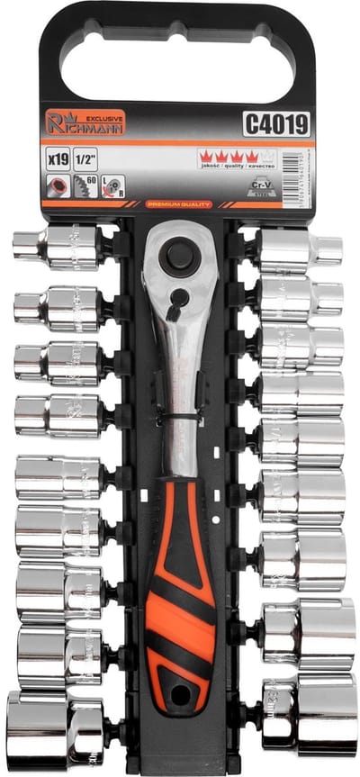 19-delige Doppenset 1/2” met Ratel , CR-V Staal , 60-tands , 8 t/m 32 mm