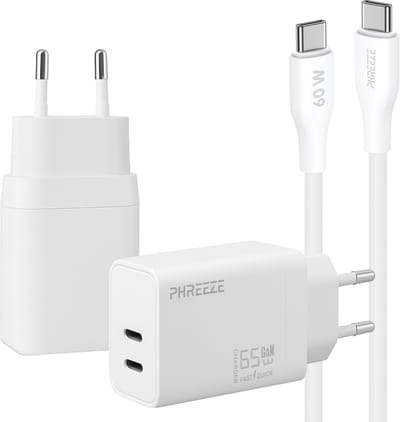 Phreeze usb C oplader 65w met usb C kabel - Fast charger met 2 usb C poorten - 65 watt power adapter voor laptop en telefoon