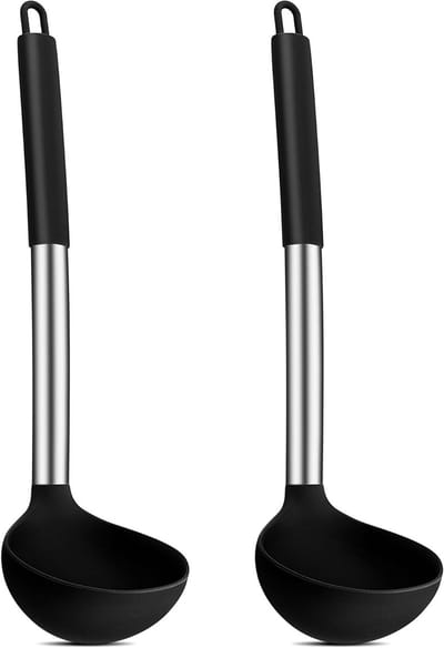 Siliconen Soeplepel Set van 2, Hittebestendige Lepels met RVS Handvat, Ideaal voor Koken, Roeren en Serveren, Gezond en Antikleef - Zwart
