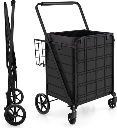 COSTWAY Boodschappentrolley, inklapbaar, boodschappentrolley op wieltjes, met afneembare Oxford-tas en 2 manden, handwagen, 150 kg belastbaar, multifunctionele trolley voor was, winkelen, bagage