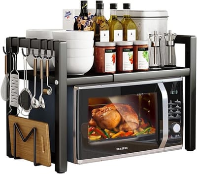 Verte Microwave Rack - Uitschuifbaar Magnetronrek - 2 Lagen - Magnetronstandaard met 5 Haken - Keukenrek - Magnetronbakreken voor op het Aanrecht - 40-64 cm Uitschuifbaar Zwart