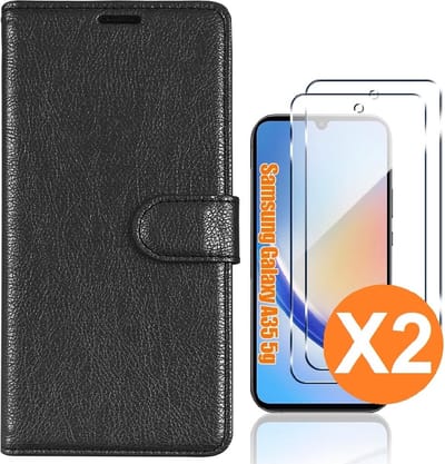 Hoesje geschikt voor Samsung Galaxy A35 5G hoesje bookcase Zwart - Met screenprotector tempered glass voor Galaxy A35 - 2x