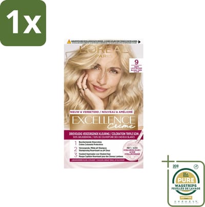 1 x L'Oréal Excellence Crème Permanente Crèmekleuring 9 Zeer Licht Blond- Haarverf - Grijsdekking - Permanente Haarkleuring - Crème Kleuring - Zeer Licht Blond
