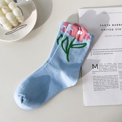 Chaussettes Mi-Mollet Femme Motif Fleur de Tulipe Chaussettes en Coton Dames Déodorantes Absorption de la Sueur Couleur Mixte 5 Paires Gratuit One Size gray