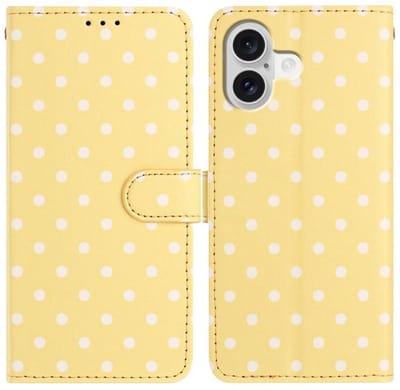 Hoesje Geschikt voor Apple iPhone 16 | Polka Dot Wallet Book Case | Portemonnee Hoesje | 3 Pasjes | Magneetsluiting | Stand Functie | Geel