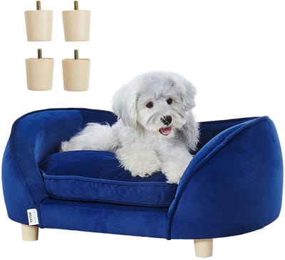 Cherrys Finds - Hondenbed - Hondenbank - Hondensofa - Kattenbed - Met Houtenpoten - Wasbare Hoes - Velvet Blauw - Tot 15kg