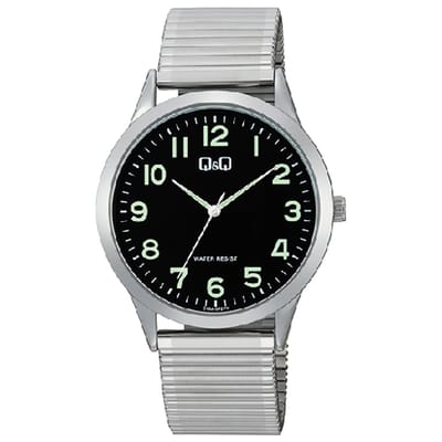 Q&Q-herenhorloge-rekbare stalen band-flexibele band-zilverkleurig-neon indexen-zwarte wijzerplaat-5 atm waterdicht-diameter 40 mm