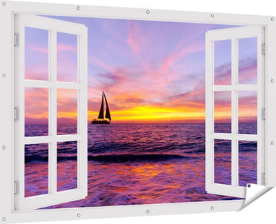 Gards Tuinposter Doorkijk Zeilboot Silhouet bij Zonsondergang - 180x120 cm - Tuindoek - Tuindecoratie - Wanddecoratie buiten - Tuinschilderij