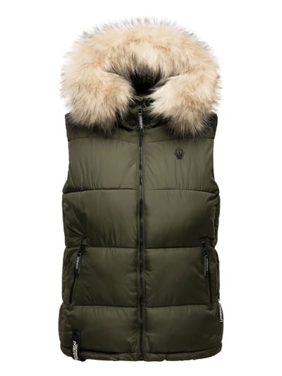 Marikoo dames gewatteerd vest – Eisflöckchen met capuchon & imitatiebontkraag