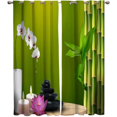 Chinees Bamboe Zen Groen Kaars Kiezels Bloemen Raamgordijnen Scenische Gordijnen voor Woonkamer Decoratieve Artikelen Woonkamer 135W x 60H(cm) yellow