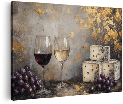 Artaza Canvas Schilderij Wijn en Kaas - Eten En Drinken - Industrieel - 60x40 cm - Wanddecoratie Woonkamer - Schilderijen - Muurdecoratie