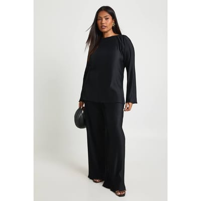 boohoo Dames Plus Boothals Plisse Lange Mouw Top En Wijde Pijpen Broek Co Ord | Zwart | Maat: 46