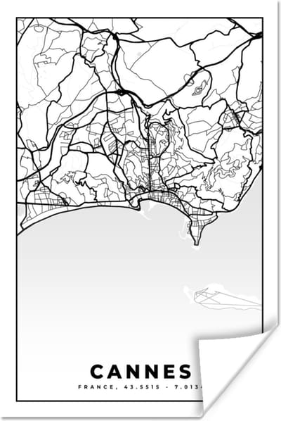 Poster Kaart - Plattegrond - Cannes - Frankrijk - Stadskaart - Zwart wit - 120x180 cm XXL