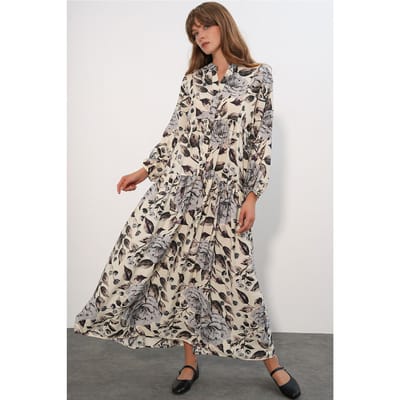 Bloemen Maxi Jurk Met Mandarin Kraag