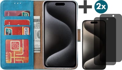 Hoesje met Privacy Screenprotectors 2 Stuks Geschikt voor iPhone 15 Pro – Arara bookcase met pasjeshouder - Blauw