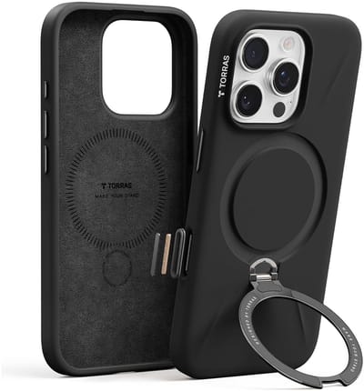 TORRAS Ostand Q Pro Silicone - Hoesje Geschikt voor Apple iPhone 16 Pro - Compatibel met MagSafe - 360° Draaibare Magnetische Standaard - Back Cover Kickstand Ring - Zwart