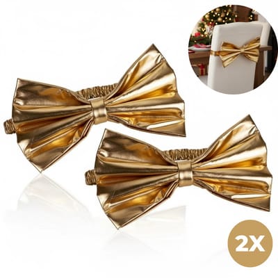 Lomera Kerst Stoelstrik - Stoelstrik Goud - Set van 2 - Polyester Materiaal - Stoeldecoratie Kerst - Kerst Decoratie - Stoelstrikken Set - Gouden Decoratie - Kerst Feest - Kerst Accessoires - Rode Strik - Kerst Interieur