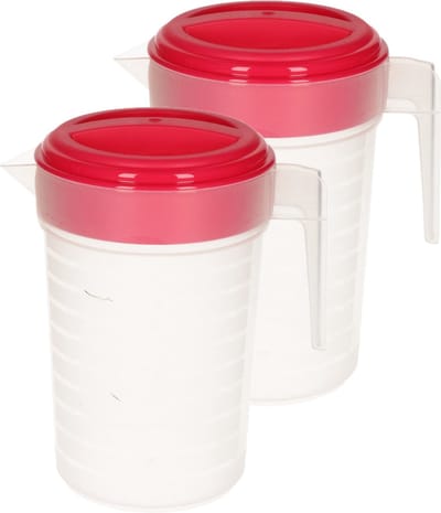Plasticforte Waterkan met deksel - 2x stuks - 1 liter - fuchsia roze/ transparant - kunststof - schenkkan karaf