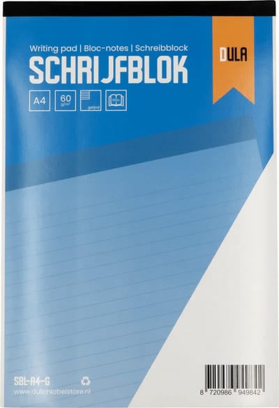 Schrijfblok A4 formaat met lijn 100 vel - Notitieblok gelinieerd - 60 grams papier - DULA