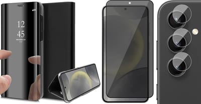 Hoesje geschikt voor Samsung Galaxy S24 - Privacy Screenprotector Volledig Dekkend Glas & Camera - Spiegel Book Case Zwart