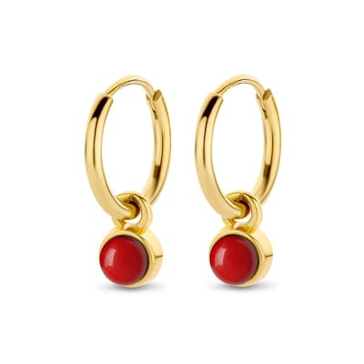 CO88 Collection Oorbellen Dames - Oorringen Met Hanger - Natuursteen - Ø7mm Agaat - 16x2mm - Rood - Staal - Goudkleurig - 8CE-70418