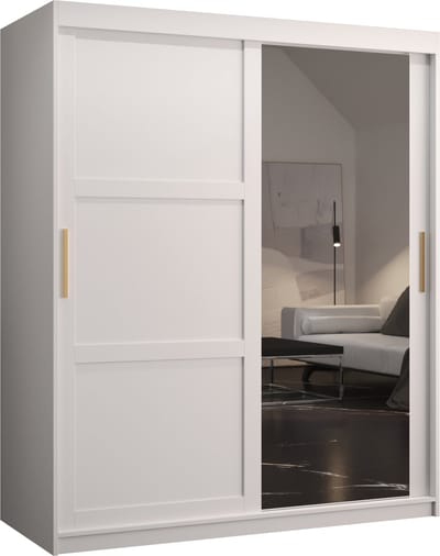 Zweefdeurkast met spiegel Kledingkast met 2 schuifdeuren Garderobekast slaapkamerkast Kledingstang met planken (LxHxP): 150x200x60 cm - Rumble II (Wit, 150)
