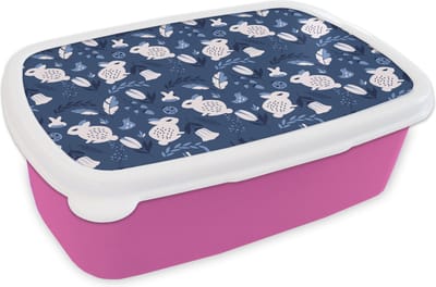 Broodtrommel Roze - Lunchbox - Brooddoos - Konijnen - Scandinavië - Patronen - 18x12x6 cm - Kinderen - Meisje