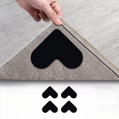 4 Stuks Tapijt grip - Tapijt sticker - Anti-Slip hartvormige tapijt stickers – Onderkleed - Vloerkleed kleefband - Zelfklevende tapijt tape - Herbruikbaar - Zwart - LOUZIR