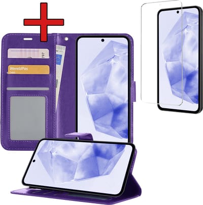 Hoesje - Met Screenprotector - Geschikt voor Samsung Galaxy A35 - Luxe Pasjeshouder - Flipcase - Bookcase Portemonee - Flip Case - Kunstleer Book Case - Book Cover - Walletcase - Portemonneehoes - Telefoonhoes - Paars