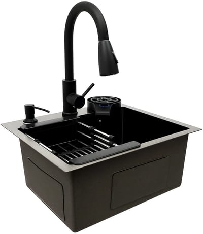 NordHaus Multifunctionele Keukenspoelbak 50x45 cm Zwart - RVS Gootsteen met Uittrekbare Kraan, Glazenspoeler, Zeepdispenser en Afdruiprek