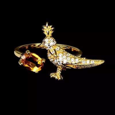 Hetty'S - Unieke - goldplated zilveren - ring - met vogel( kuifmees) en edelstenen.