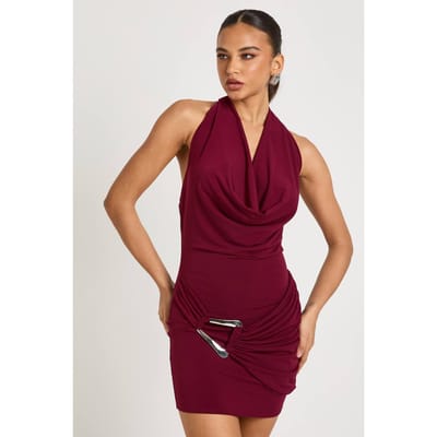 boohoo Dames Grote getailleerde halterneck minijurk | Plum | Maat: 8