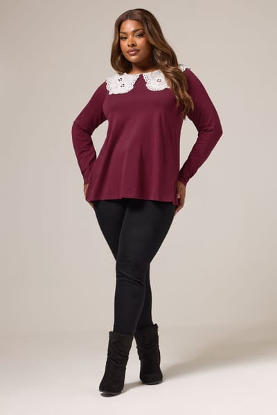 Yours Bordeauxrode Top Met Broderie Anglaise En Oversized Kraag Size 42